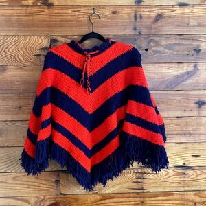 Handmade Red & Blue Knitted Poncho with Fringe Trim